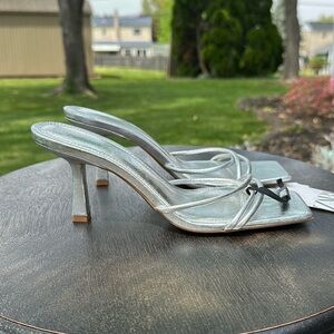 Zara metallic silver square toe mules/heels sz 39  NWT